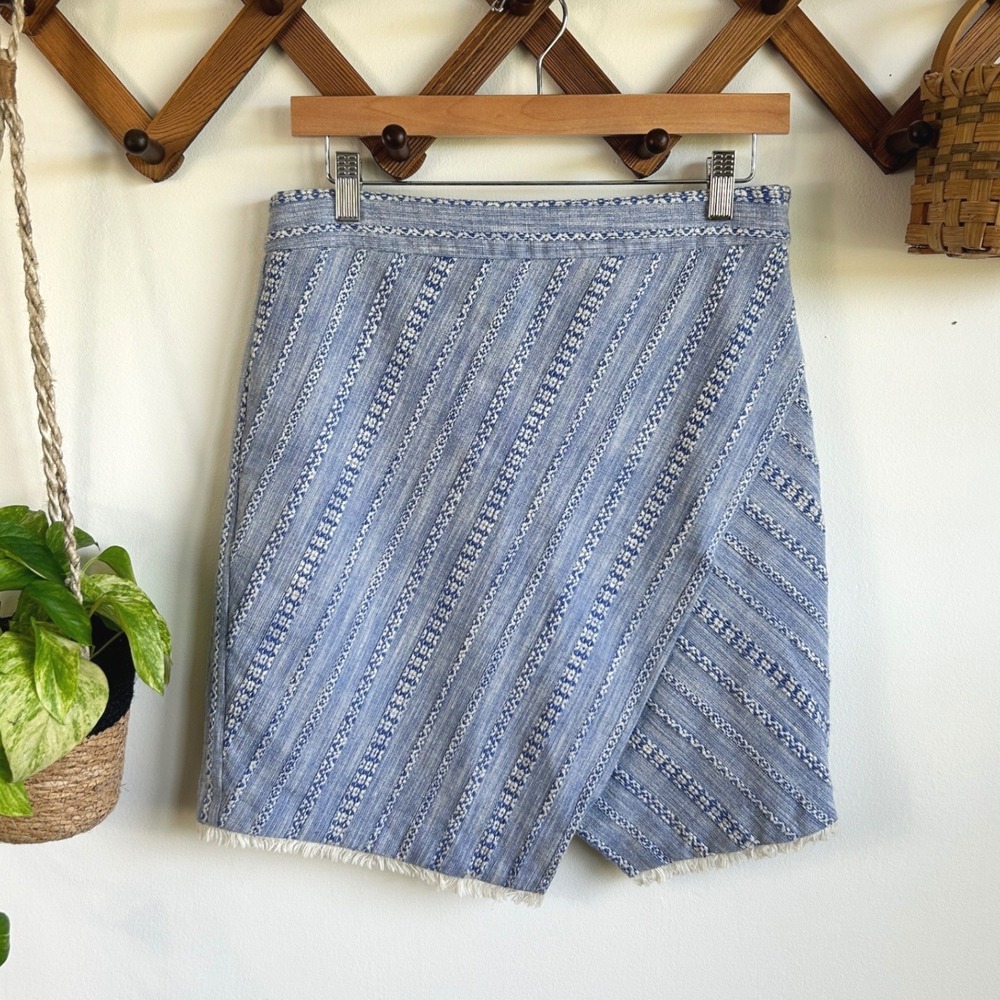 LOFT Woven Blue White Geometric Striped Wrap Mini Skirt with Fringe Hem
